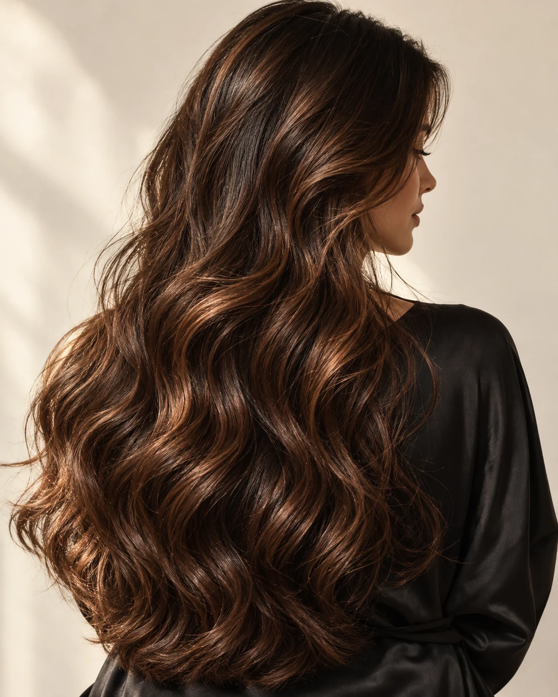 Inspiration coiffure : longs cheveux châtains aux reflets cuivrés